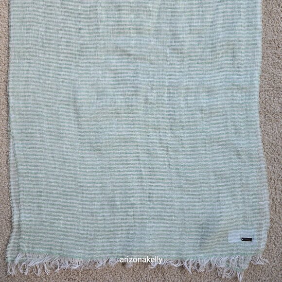 Malo Linen Scarf Green White Stripes Italy - Picture 3 of 14